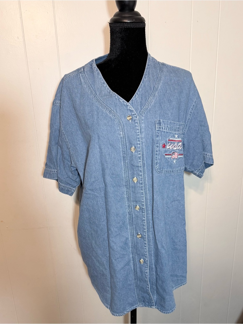 Casual Light Blue Denim Button-Down Shirt with USA Pocket Embroidery